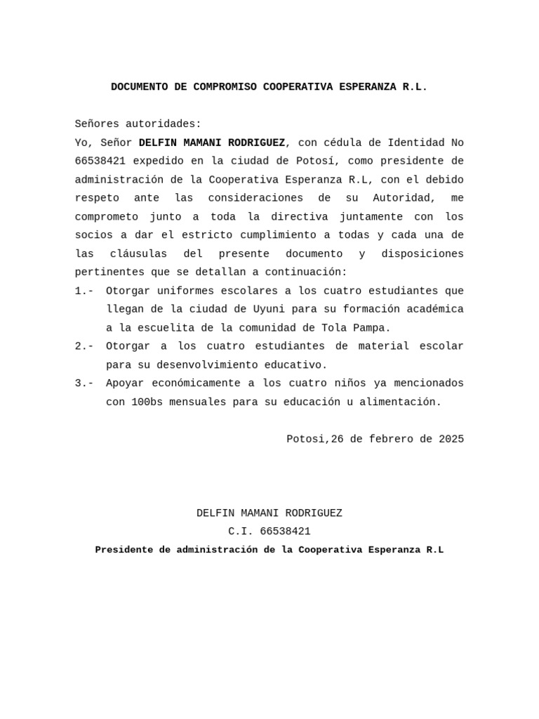 DOCUMENTO DE COMPROMISO Cooperativa Esperanza | PDF