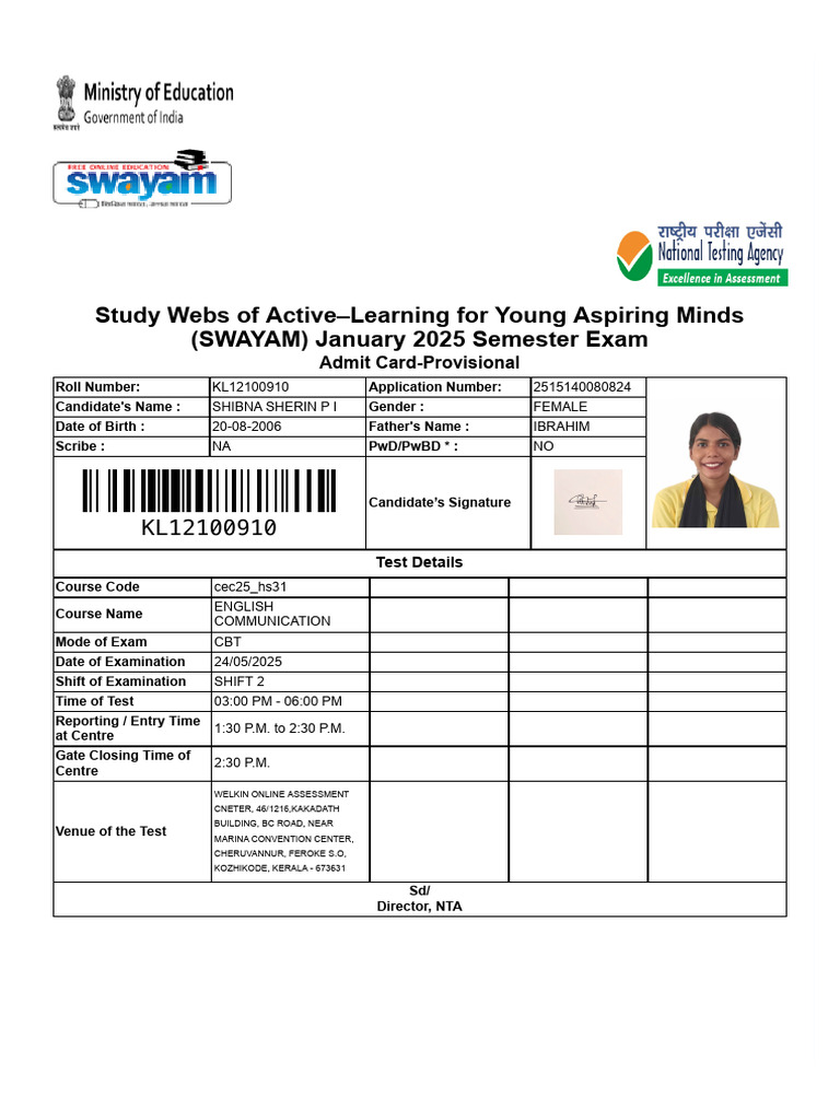 SWAYAM 2025 Exam Admit Card Details | PDF | Identity Document