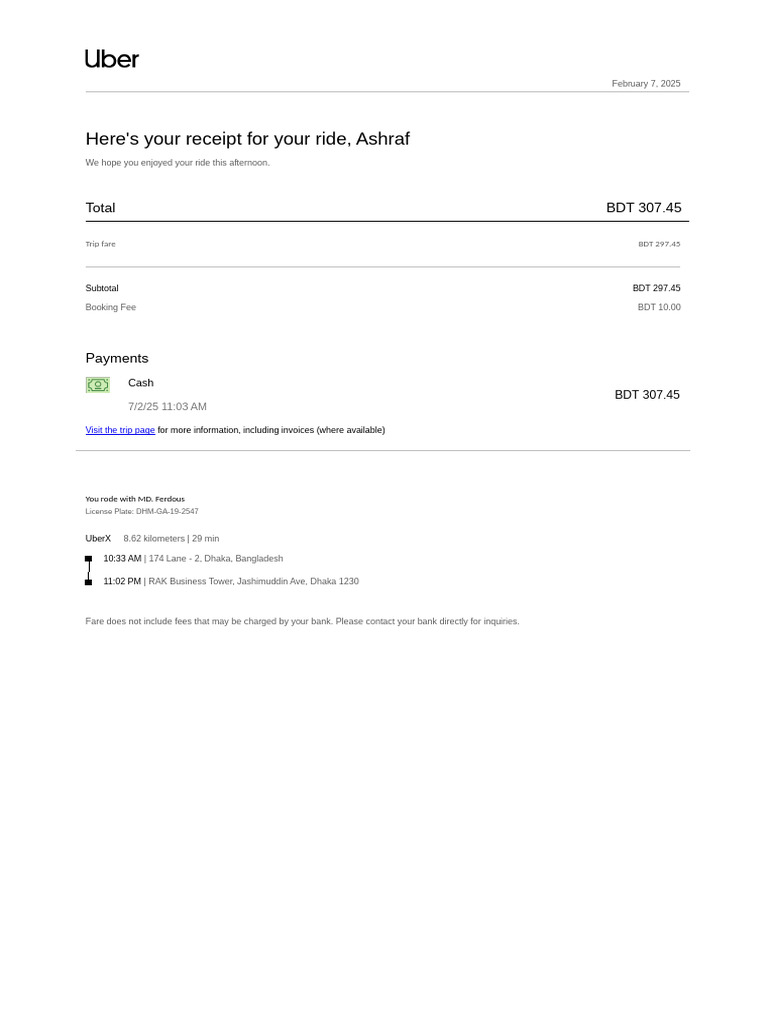 Uber Ride Receipt for Ashraf - Feb 2025 | PDF