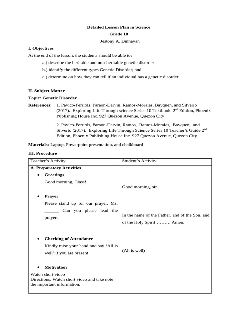 Detailed Lesson Plan in Genetic disorder | PDF | Genetic Disorder ...