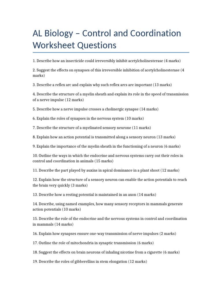 Control and Coordination in Biology Worksheet | PDF | Action Potential ...