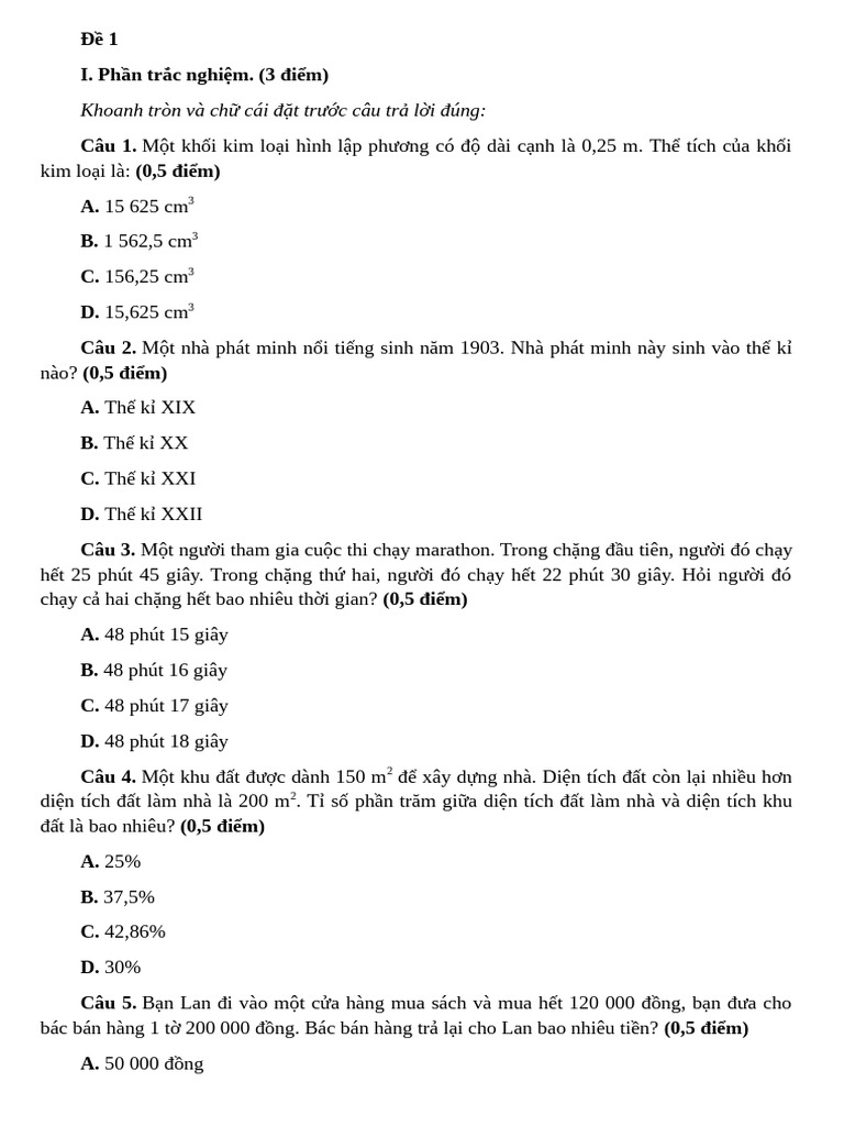 Đề 1 GK 2 LỚP 5 | PDF