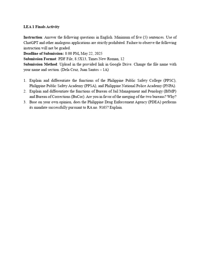 LEA 1 Finals Activity Instructions | PDF