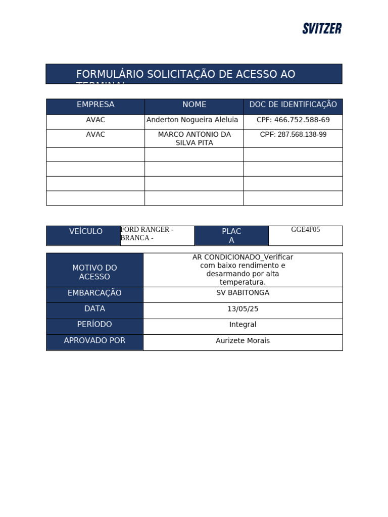 Formulario de Aprovação de Entrada - Svitzer 2025 - AVAC - SV Babitonga ...