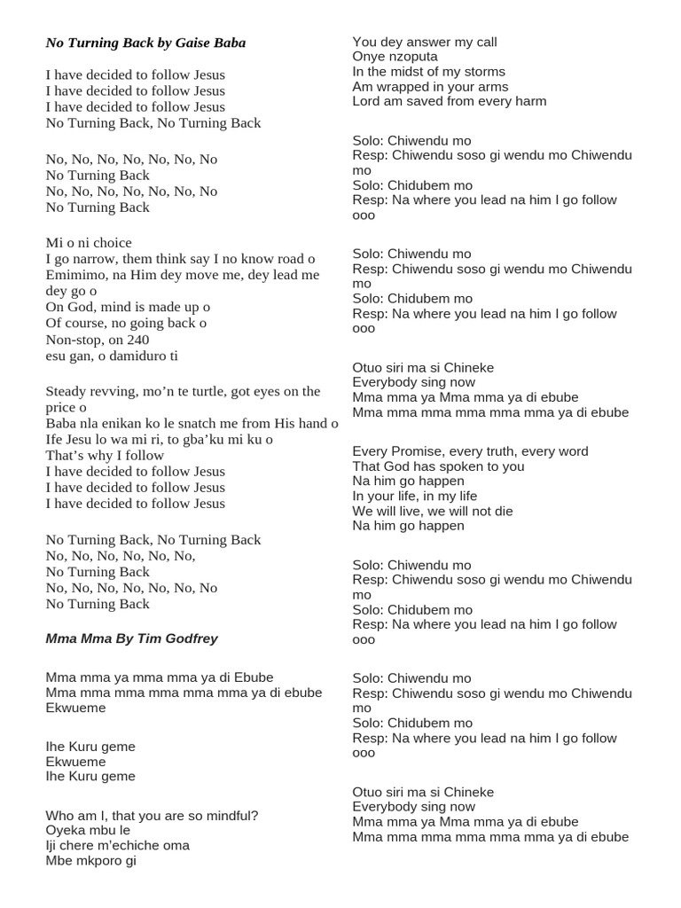 No Turning Back Lyrics by Gaise Baba | PDF