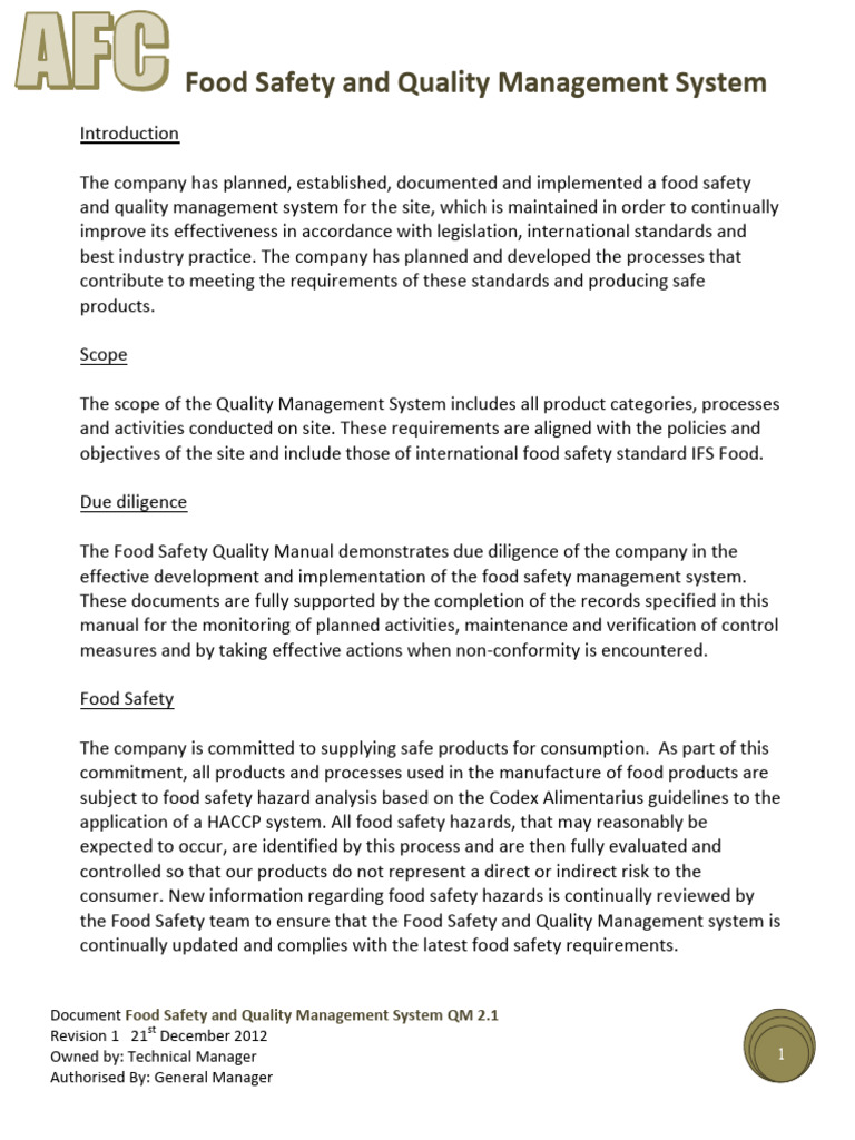 QM 2-1 Food Safety and Quality Management System | PDF | Food Safety ...