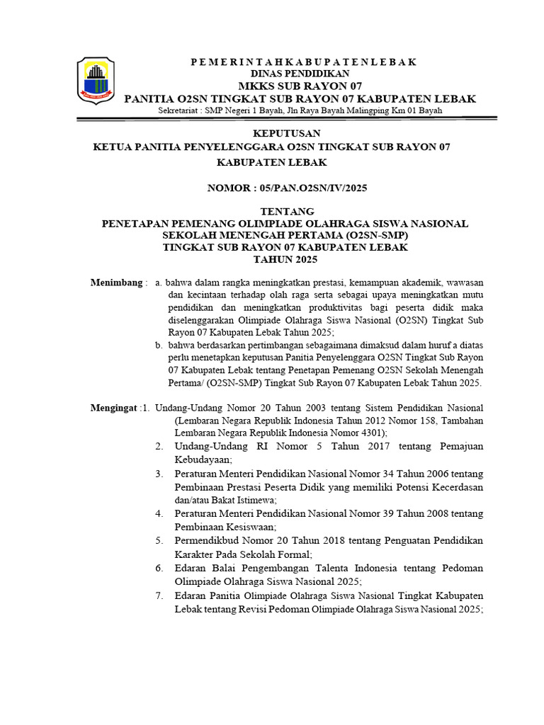 Penetapan Juara O2SN SMP 2025 Lebak | PDF