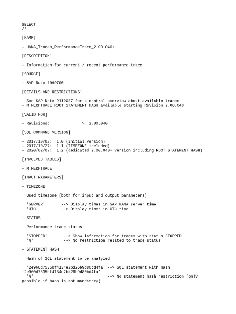 SAP HANA Performance Trace SQL Guide | PDF | Data Management Software ...