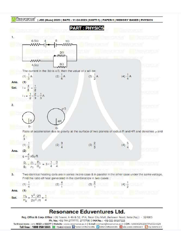 Jee Main 11 April 2023 Shift 1 Resonance Physics Question Paper With ...