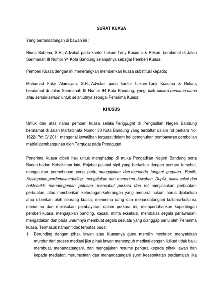 Surat Kuasa Substitusi Contoh surat kuasa substitusi perdata.