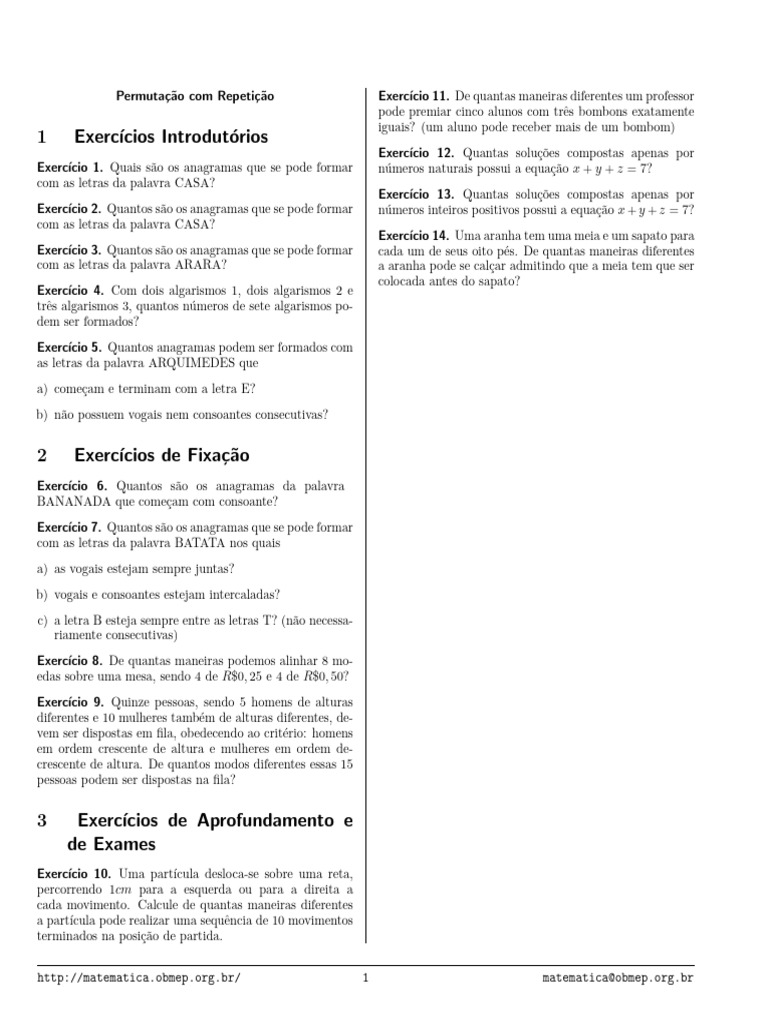 Exercícios de Permutação com Repetição | PDF | Permutação