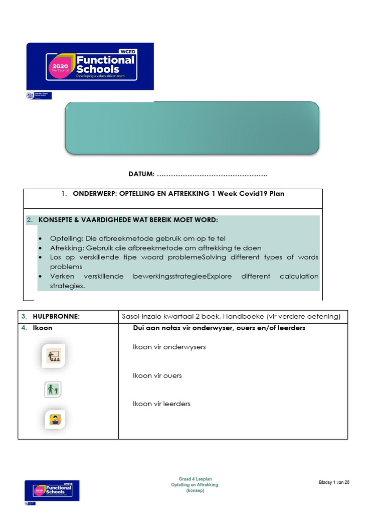 Graad 4 Lesplan: Optelling en Aftrekking | PDF