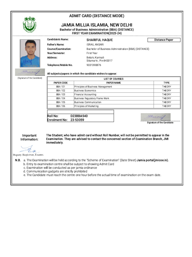 BBA 1st Year Examination Form WA0007. | PDF