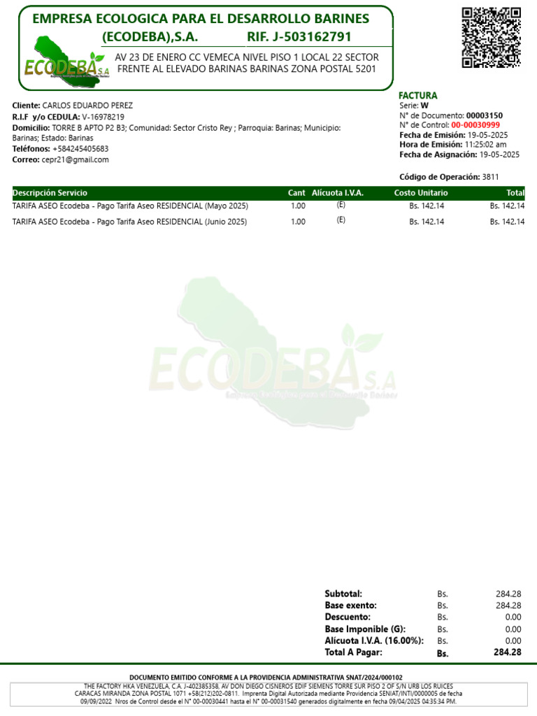 Factura de Servicio de Aseo Ecodeba | PDF
