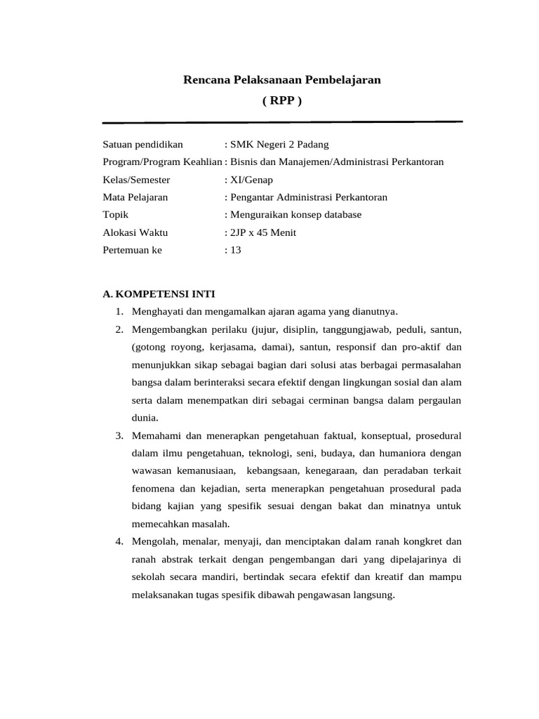 RPP Konsep Database SMK Bisnis Manajemen | PDF