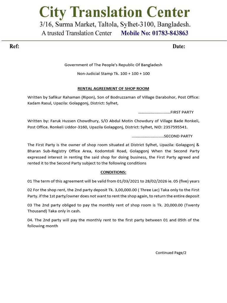 Shop Rental Agreement in Bangladesh | PDF | Renting | Property Law