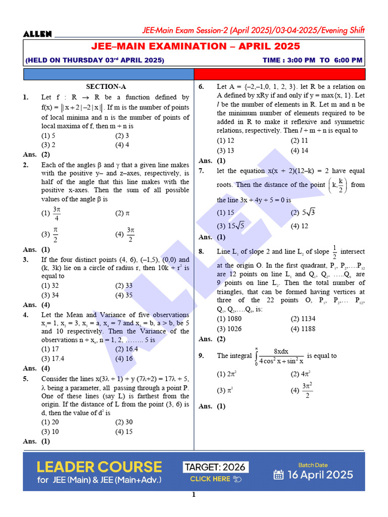 JEE Main April 2025 Mathematics Paper | PDF | Geometry | Euclidean Geometry