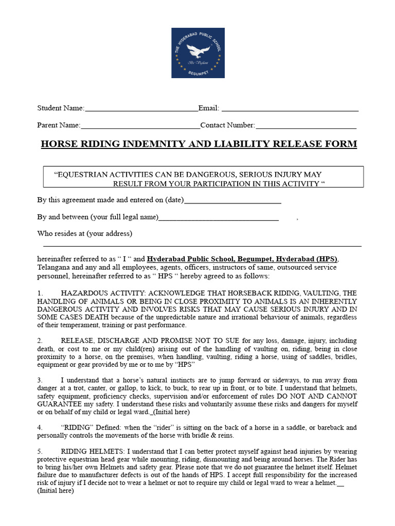 Horse Riding Indemnity Form | PDF | Equestrianism | Equestrian Sports