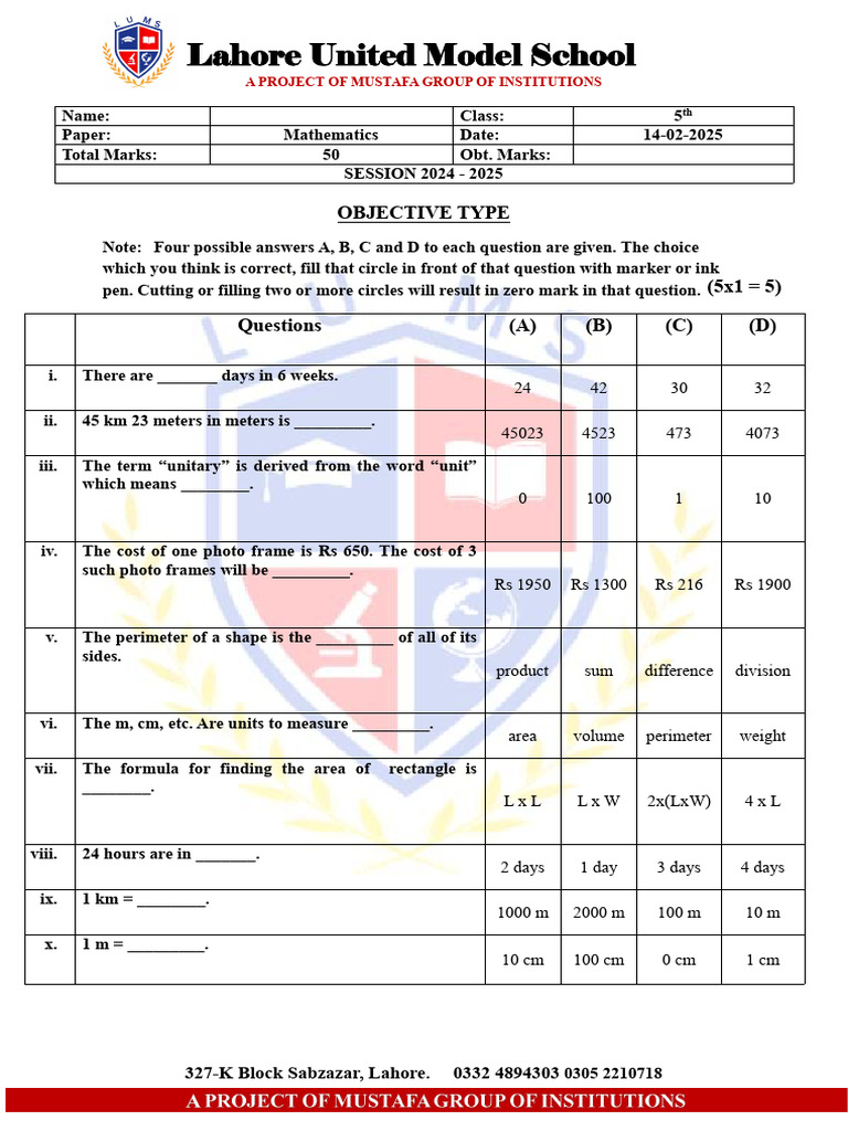 Mathematics Practice Paper for 5th Grade | PDF | Area