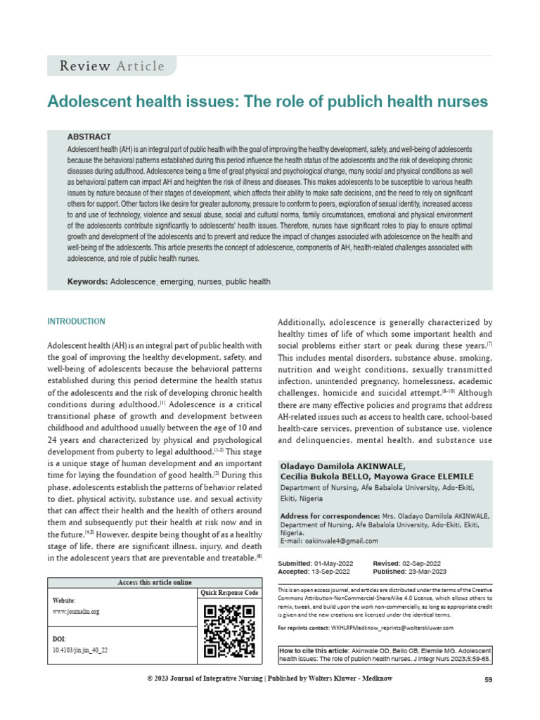 Adolescent Health: Role of Public Nurses | PDF | Adolescence | Mental ...
