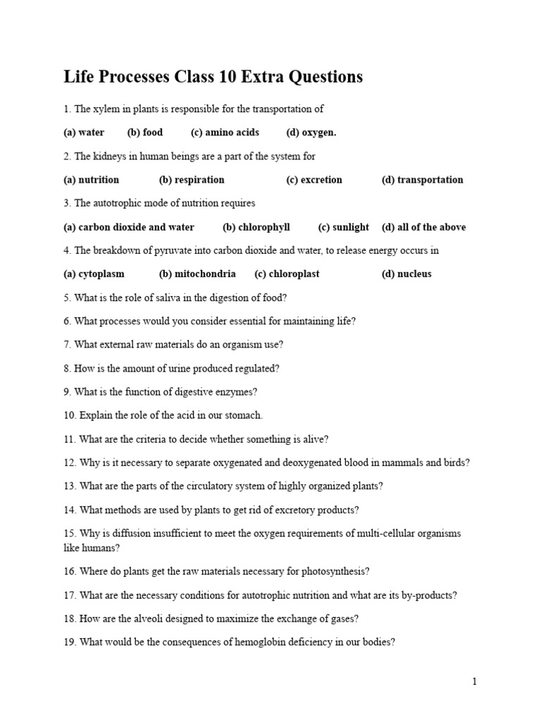 Class 10 Life Processes Extra Questions | PDF | Digestion | Nutrition