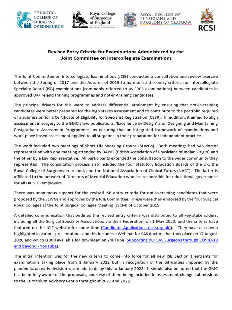 Joint JSCM & JCIE Statement On FRCS Examination Entry Criteria | PDF ...