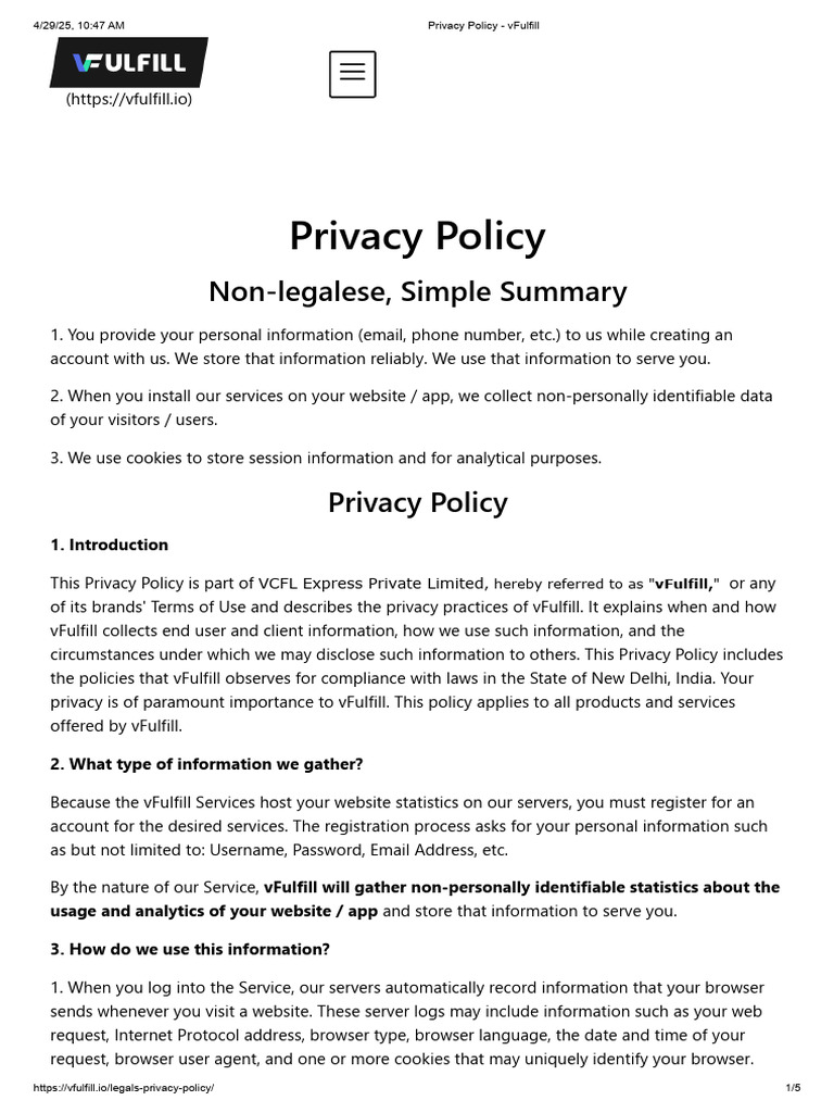 vFulfill Privacy Policy Overview | PDF | Http Cookie | Computer Security