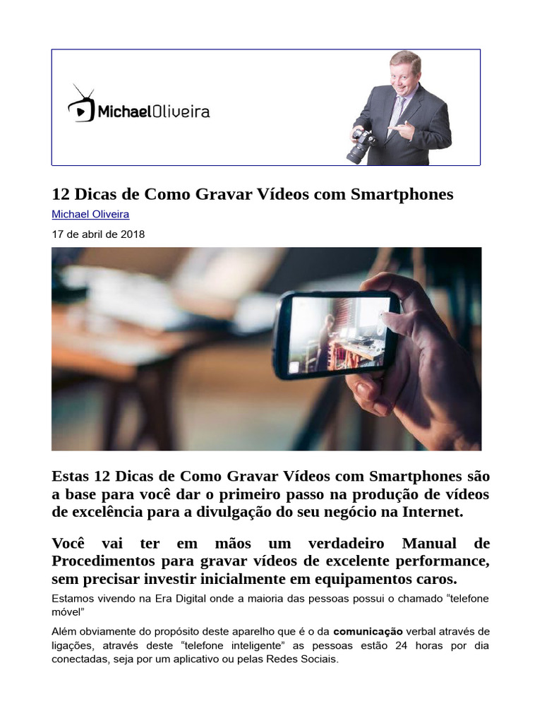 12 Dicas para Gravar Vídeos com Smartphone | PDF | Câmera | Vídeo