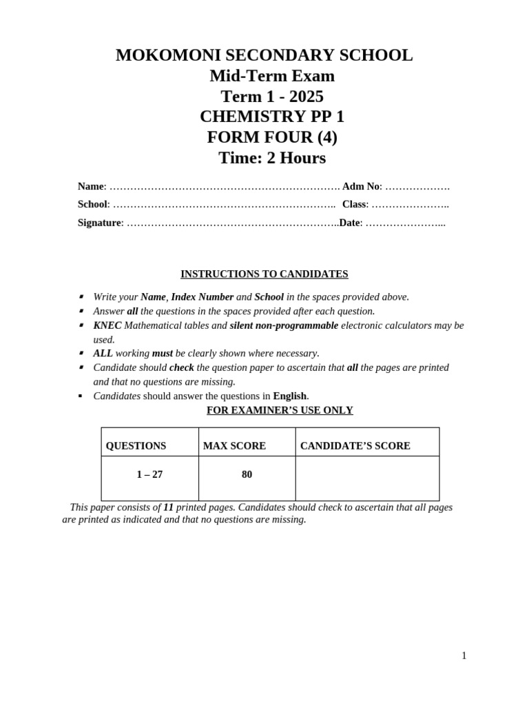 Chemistry Mid-Term Exam PP1 2025 | PDF | Reaction Rate | Chemical Reactions