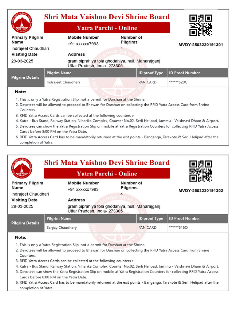 Yatra Registration Slip for Vaishno Devi | PDF | Pilgrimage | Hindu Worship