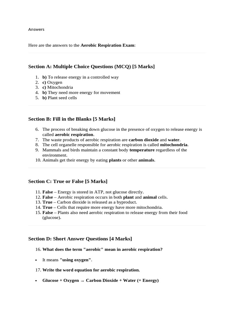 Aerobic and Anaerobic Respiration Exam Answers | PDF | Lung | Cellular ...