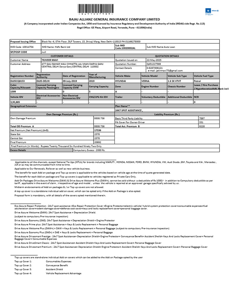 Bajaj Allianz Car Insurance Quotation | PDF | Insurance | Vehicles
