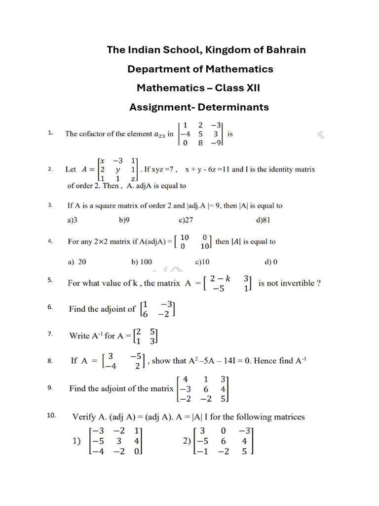 Class XII Maths Assignment Cover | PDF