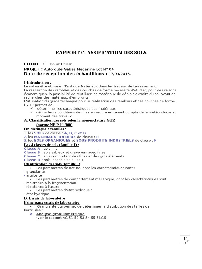 Rapport de classification des sols pour autoroute | PDF ...
