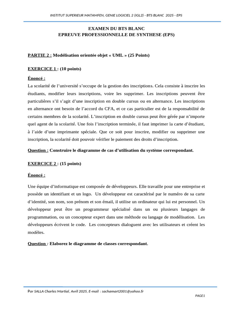 Modélisation UML pour BTS IGL2 2025 | PDF