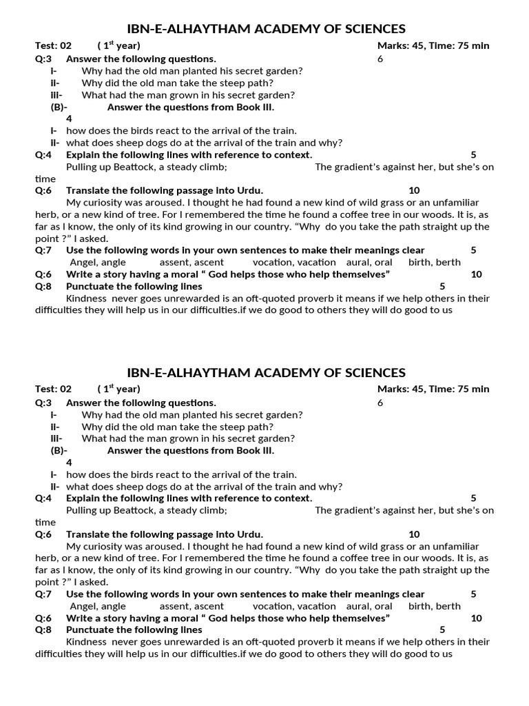1st Year Science Test Questions | PDF