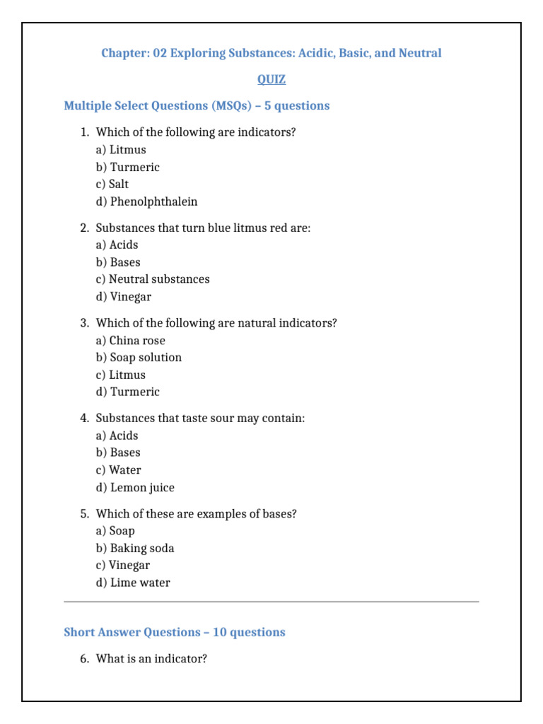 Class 7: Acidic, Basic, and Neutral Quiz | PDF | Acid | Sodium Bicarbonate