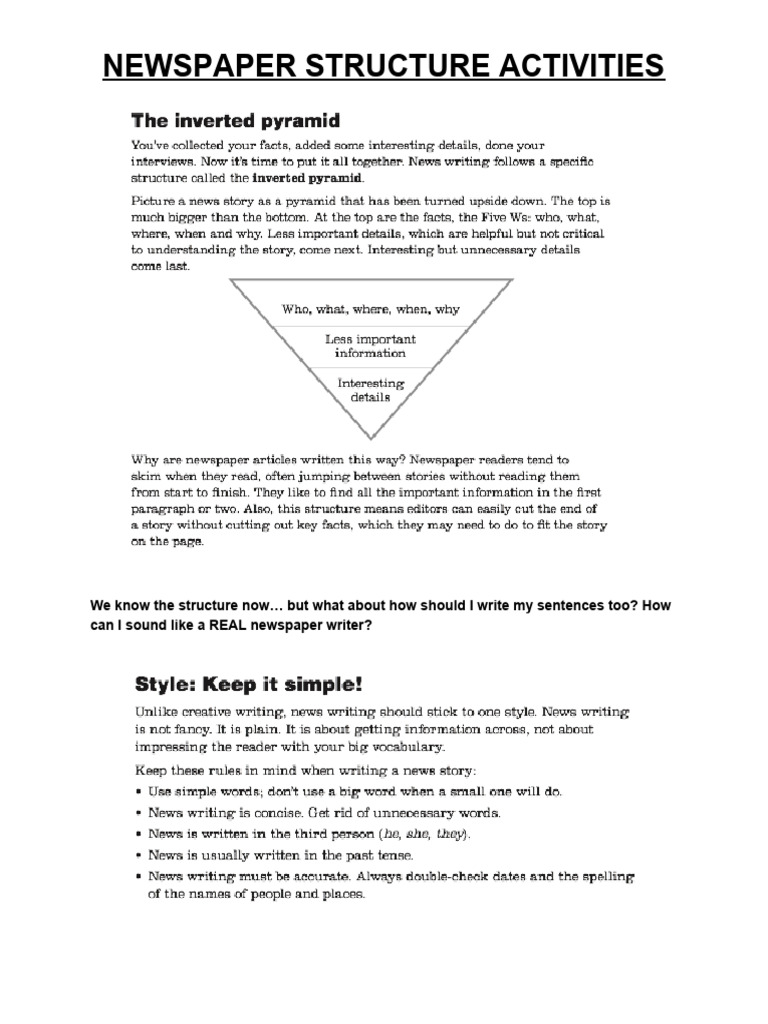 Newspaper Writing Structure Activities | PDF