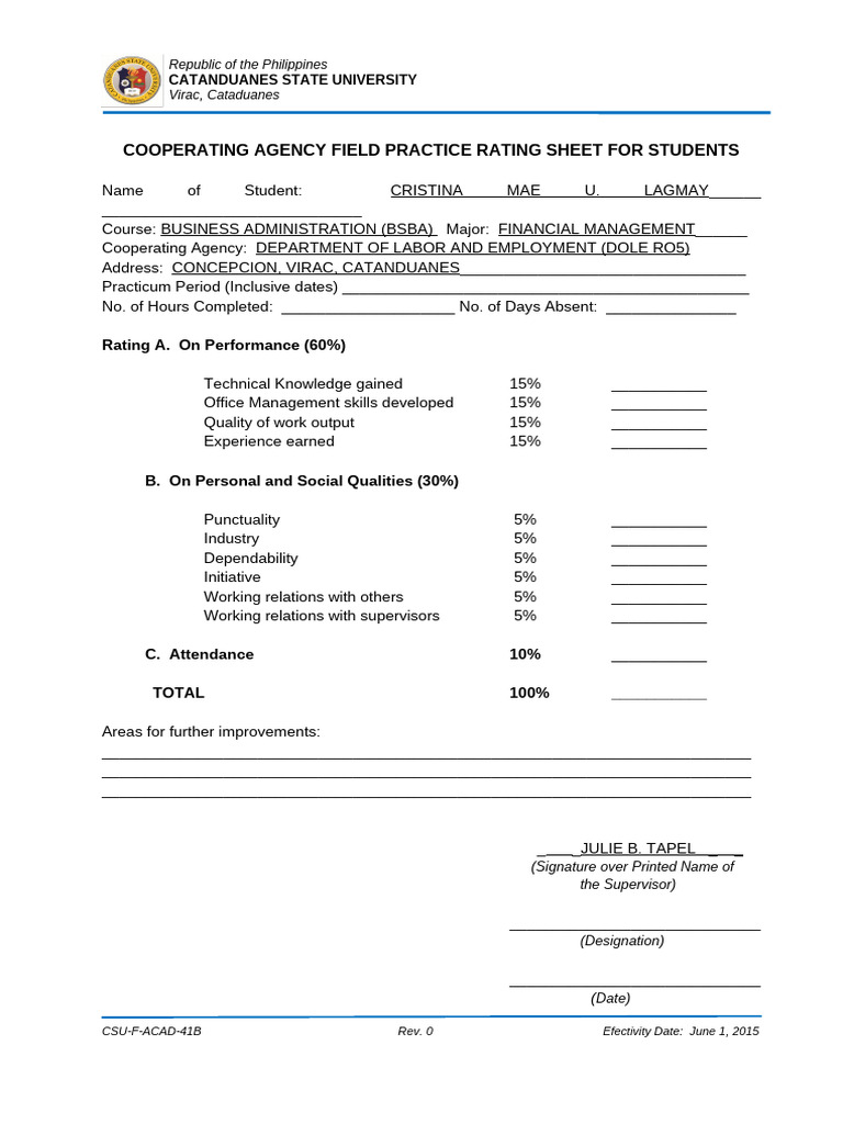 Student Field Practice Rating Sheet | PDF