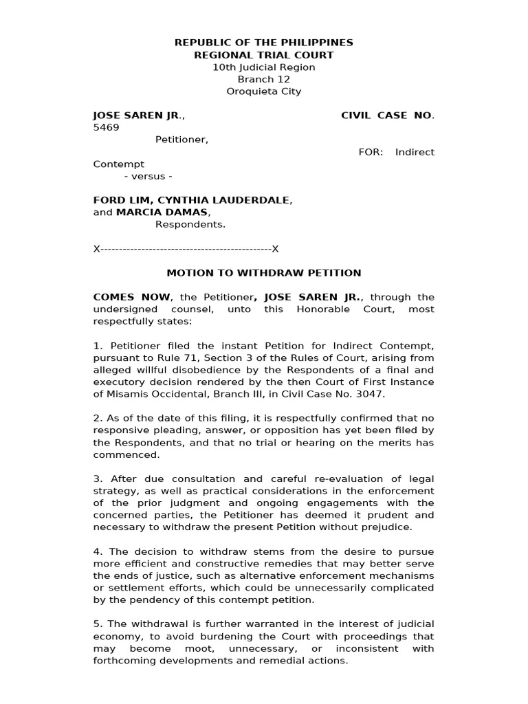 Motion to Withdraw petition Saren PDF Lawsuit Contempt Of Court