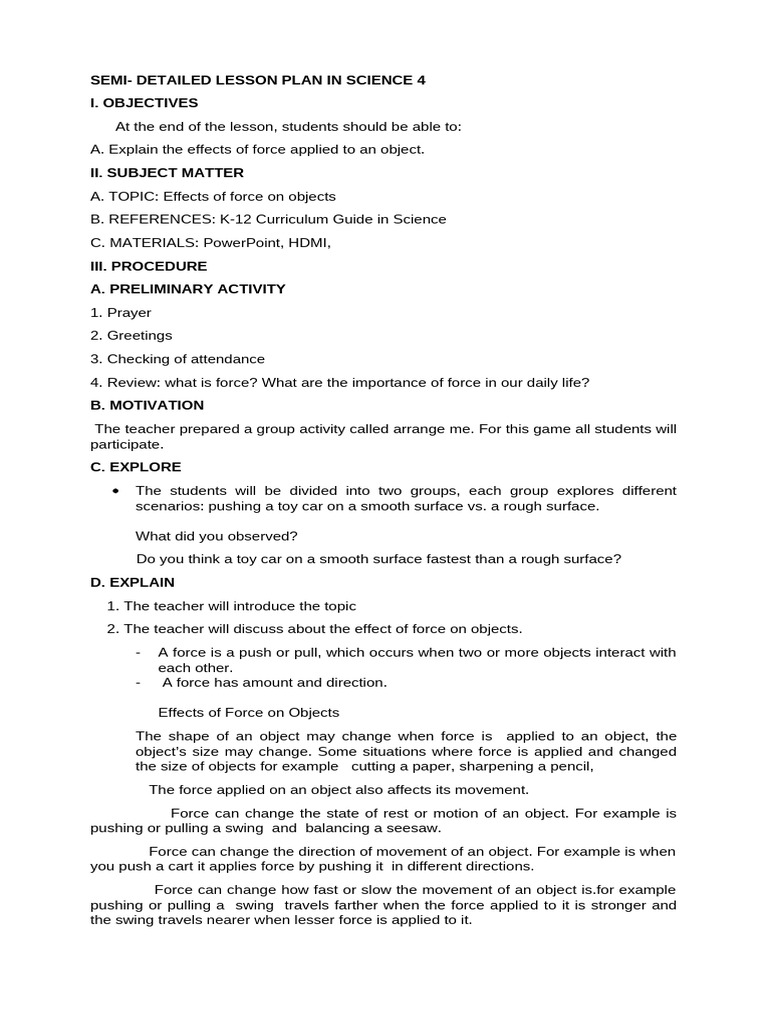 Effects of Force on Objects Lesson Plan | PDF | Force