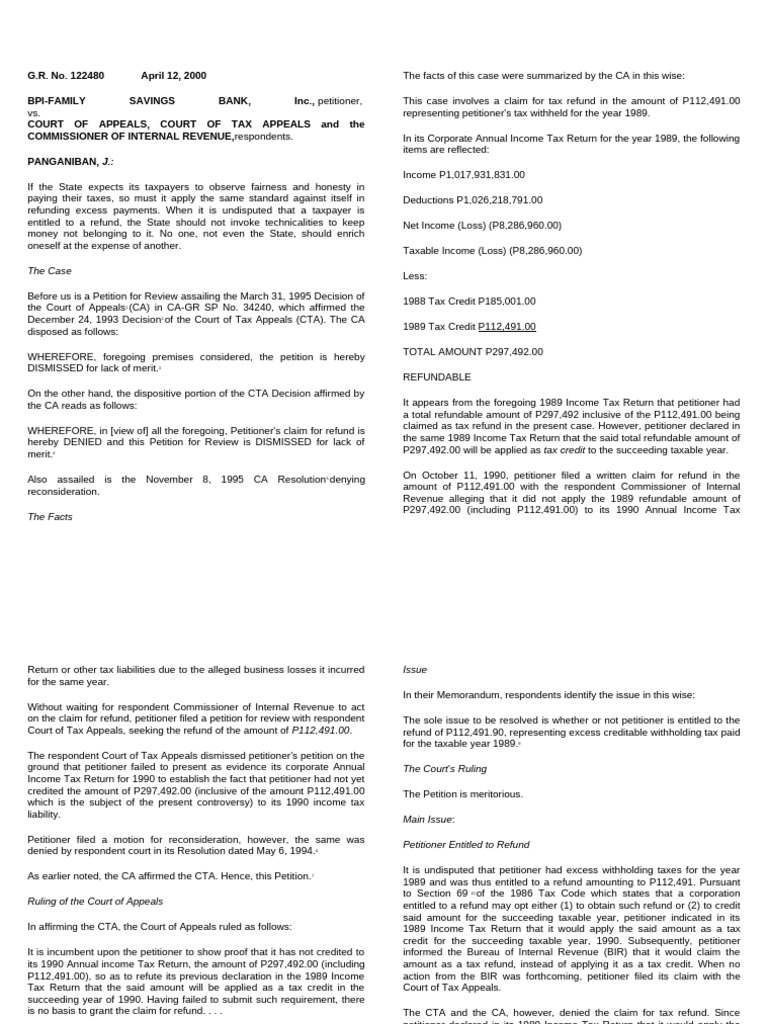 Tax Refund Dispute: BPI vs. BIR | PDF | Tax Refund | Taxes