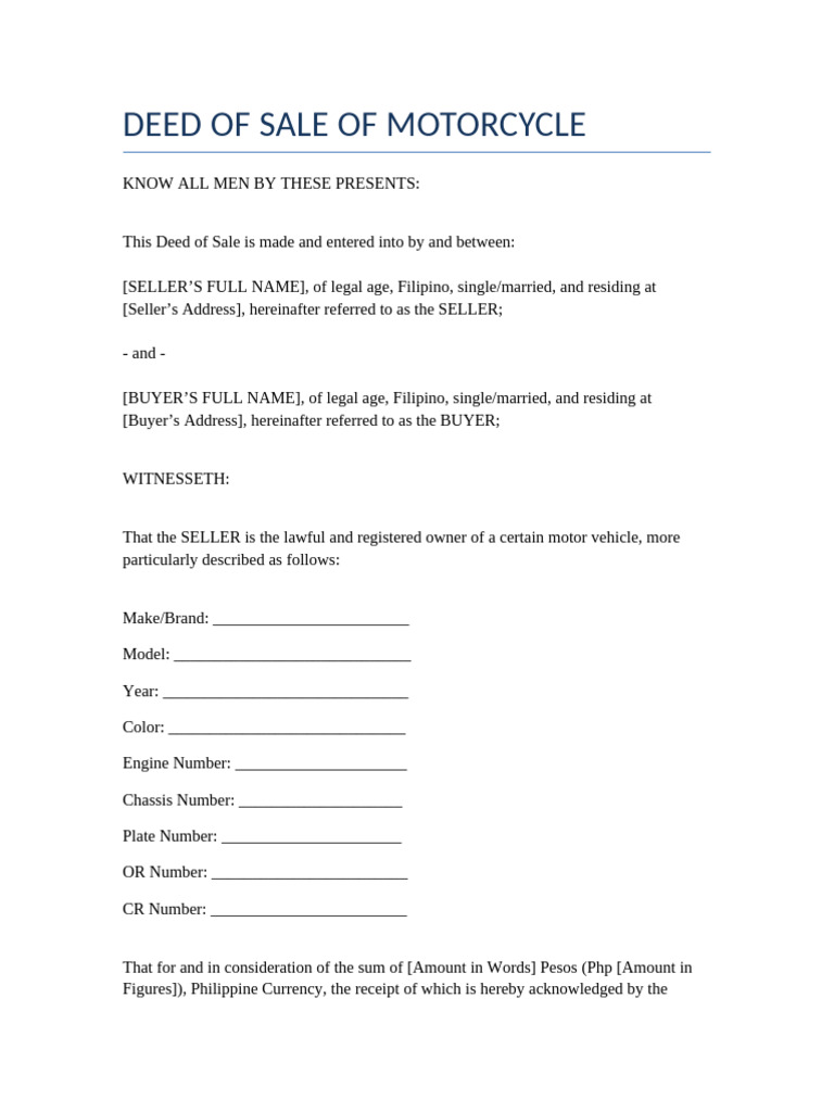 Motorcycle Deed of Sale Template | PDF