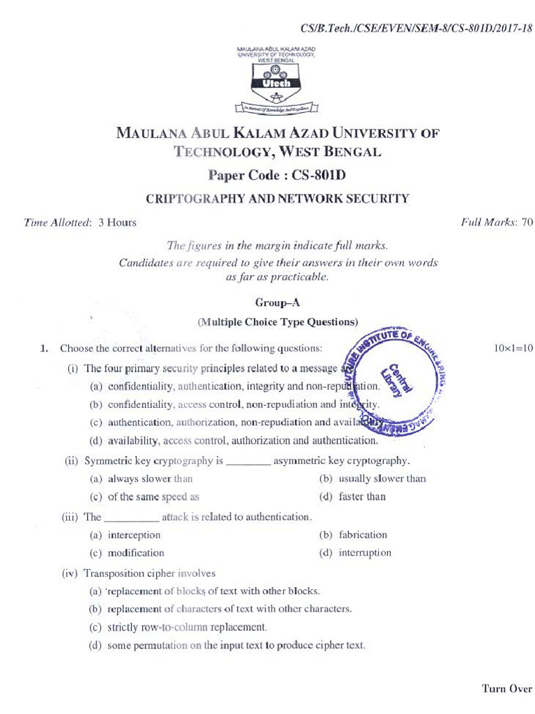 Cryptography and Network Security - CS801D - 2018 | PDF