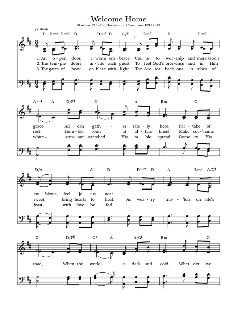 Welcome Home Hymn Lyrics and Music | PDF