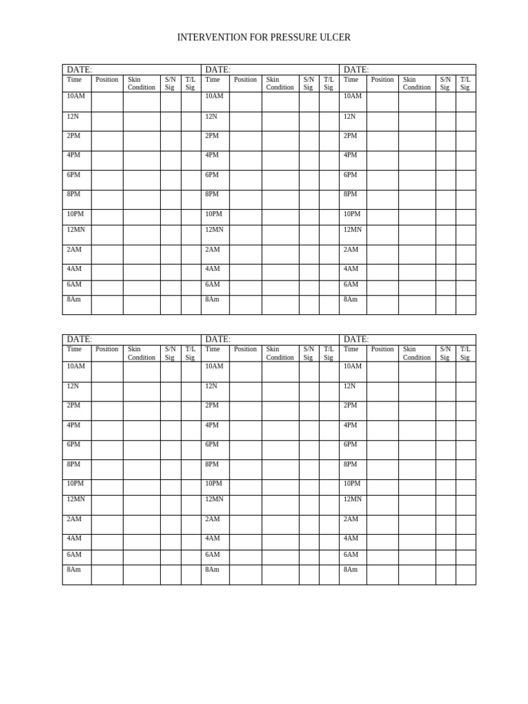 Pressure Ulcer Intervention Log | PDF | Dermatology | Medical Specialties