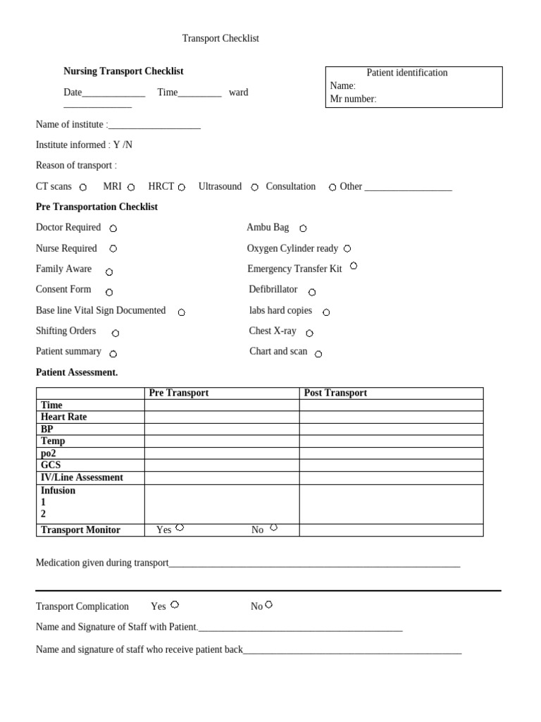 Patient Transport Checklist Form | PDF