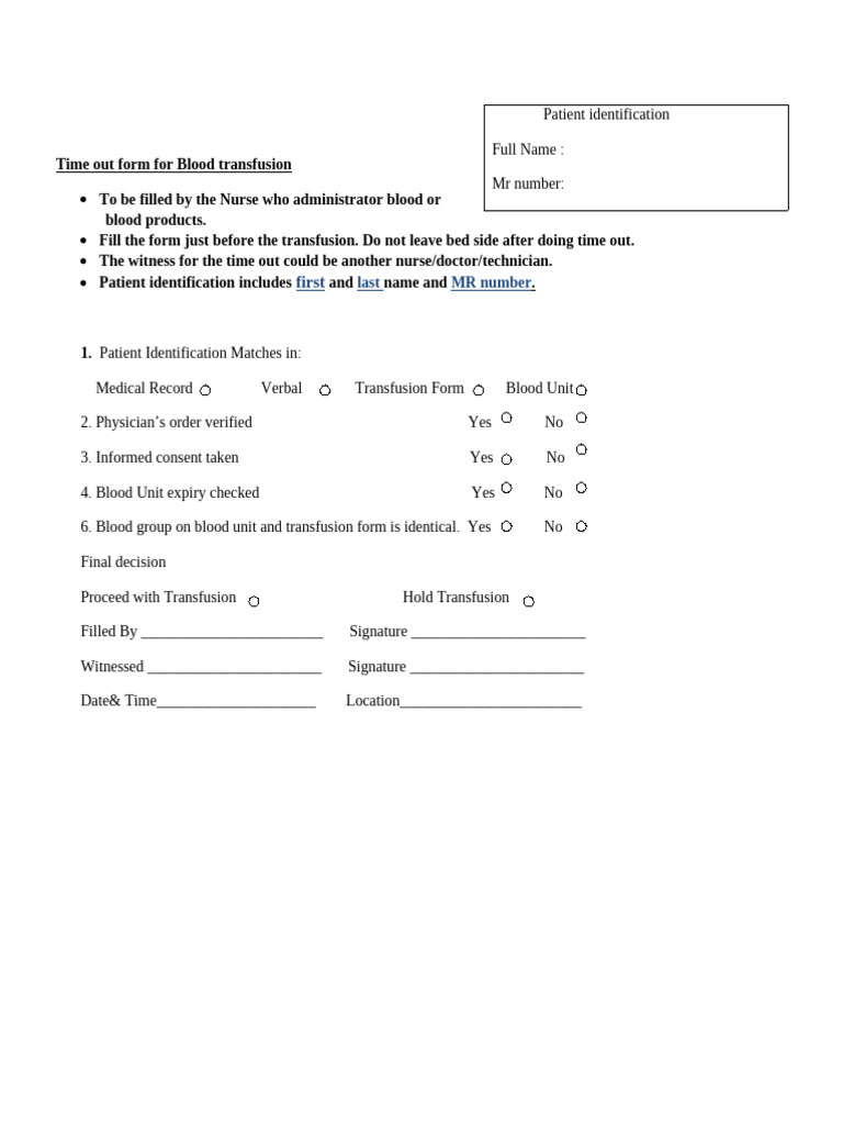 Blood Transfusion Time-Out Form | PDF