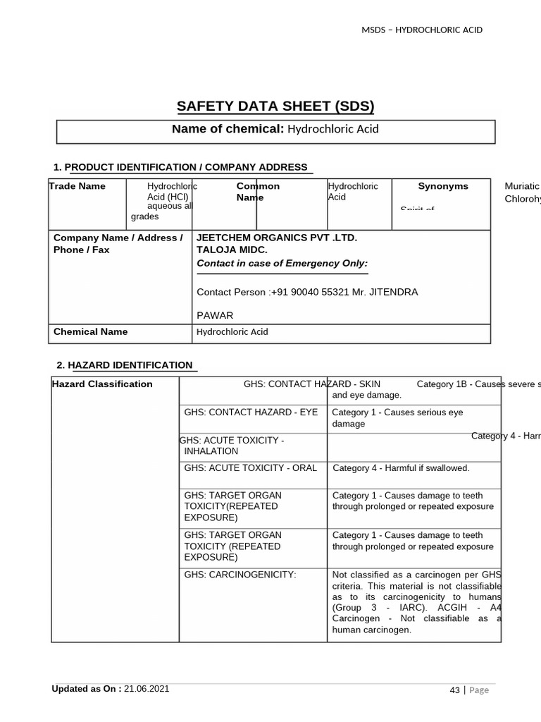 Hydrochloric Acid MSDS Overview | PDF | Respiratory System ...