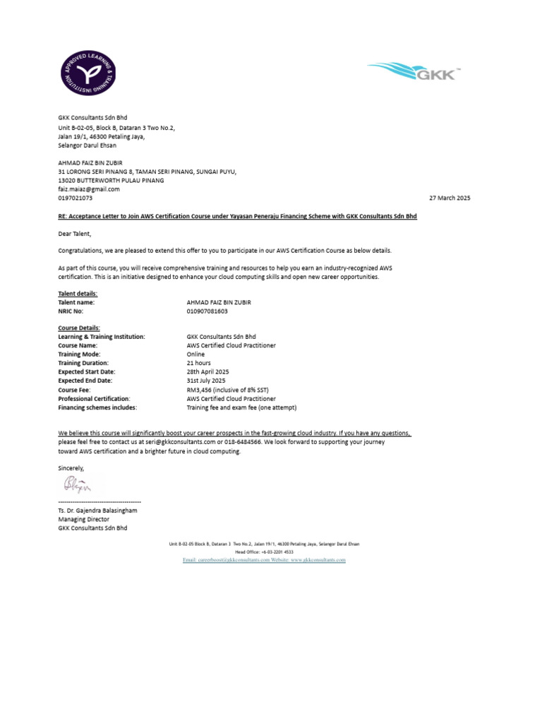 AWS Certification Course Acceptance Letter | PDF | Qualifications